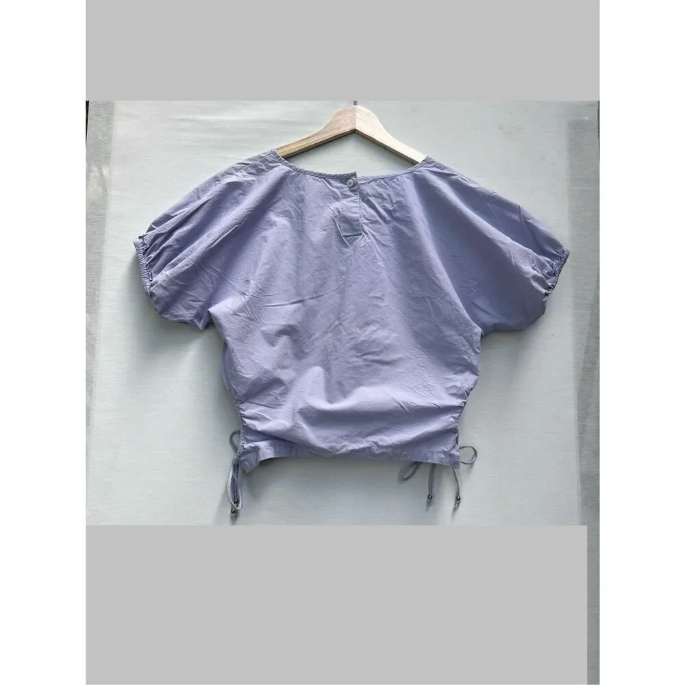 Madewell Cutout Drawstring Keyhole Poplin Puff Sleeve Crop Top Periwinkle Small